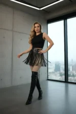 Siyah Suni Deri Püsküllü Mini Etek SH1400