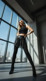 Siyah Suni Deri Püsküllü Mini Etek SH1400 - Image 4