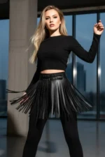 Siyah Suni Deri Püsküllü Mini Etek SH1400 - Image 5