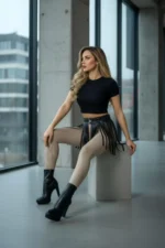 Siyah Suni Deri Püsküllü Mini Etek SH1400 - Image 6