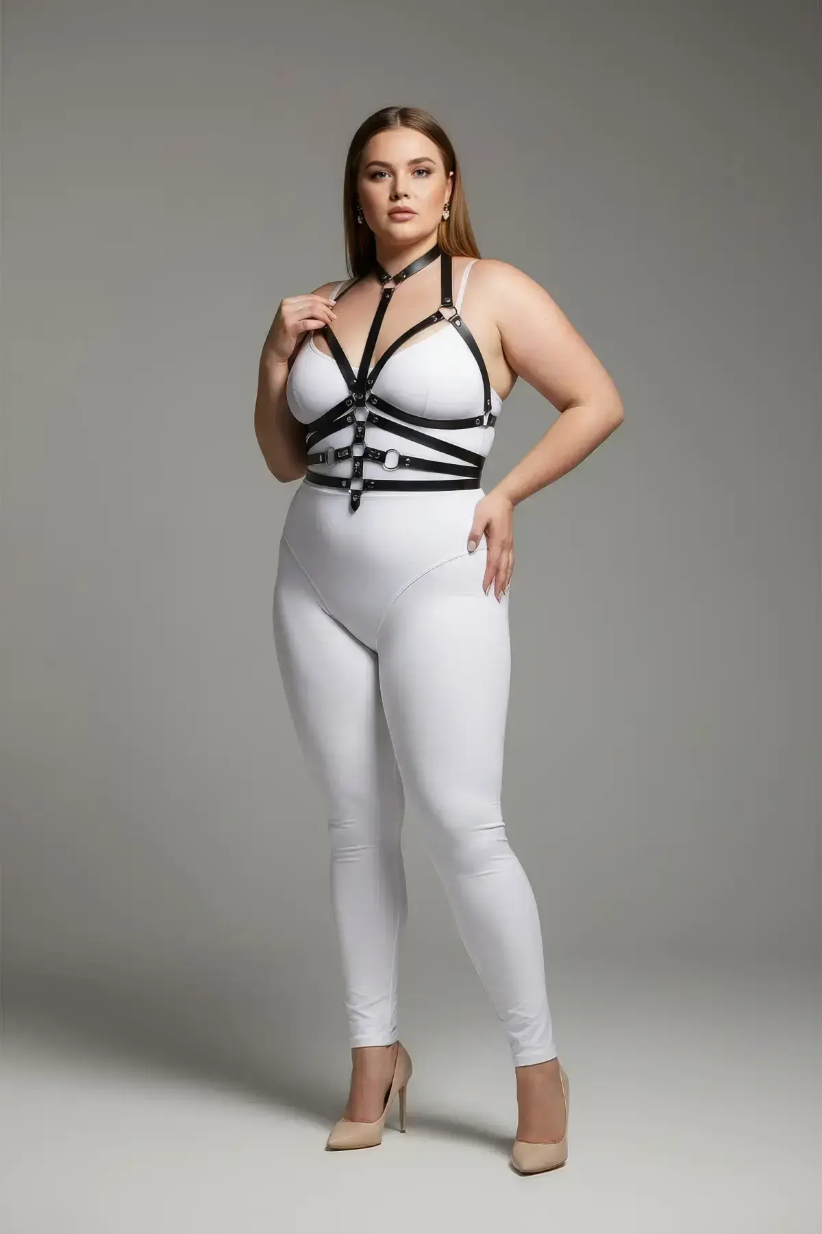 Plus Size Black Women's Leather Harness Set with Ring Detail Fantasy Accessory - SH24