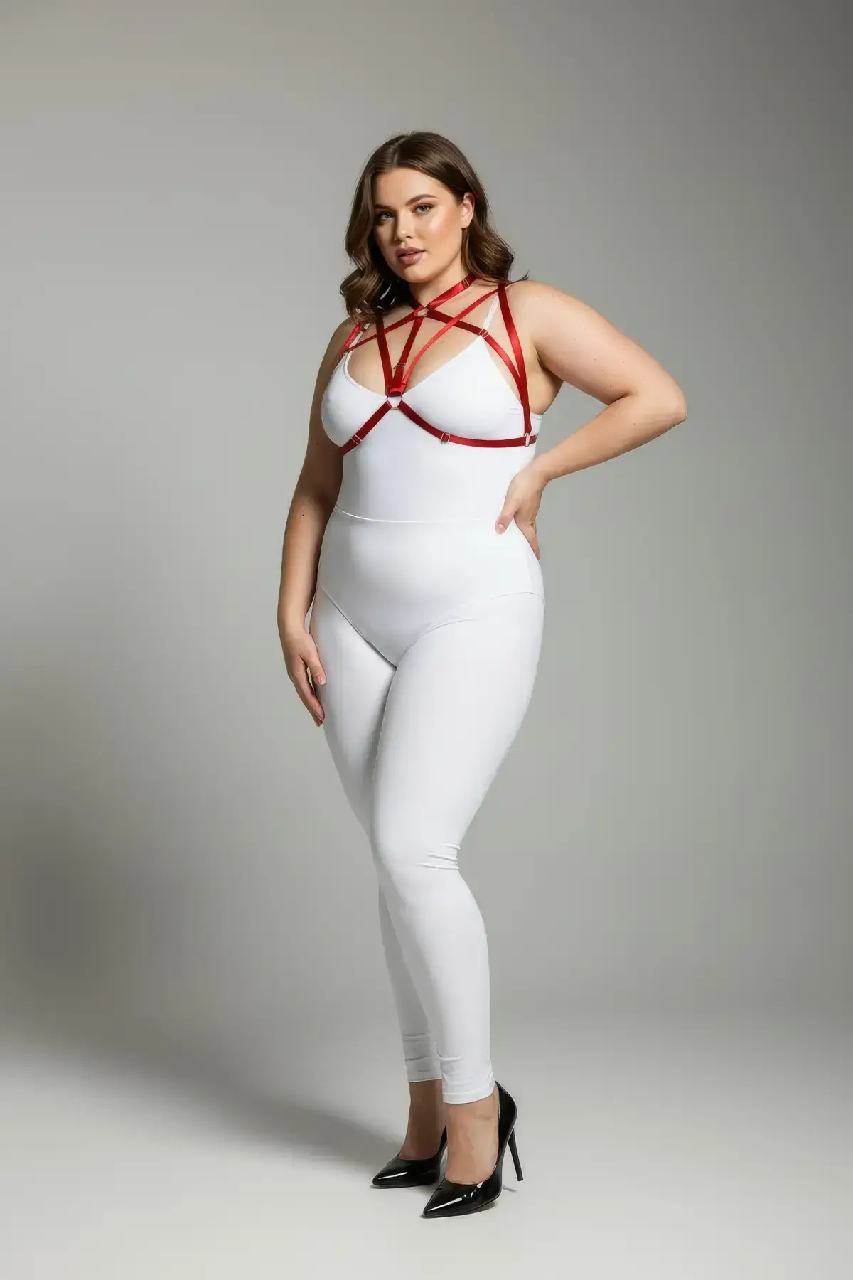 Plus Size Red Women's Harness Set with Ring Detail Elastic Fancy Accessory - SH166