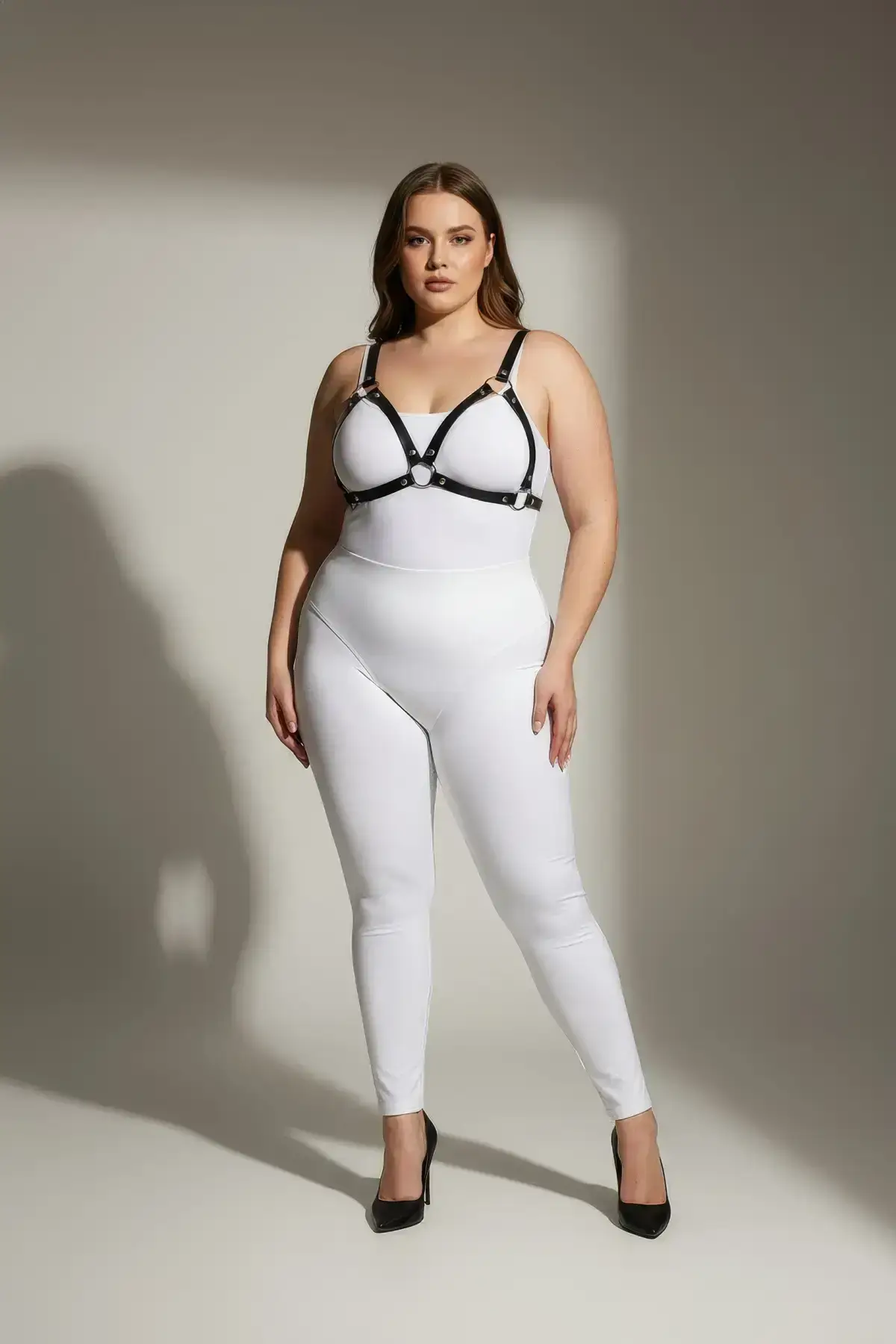 Plus Size Black Women's Leather Harness Set with Ring Detail Bra Accessory - SH190