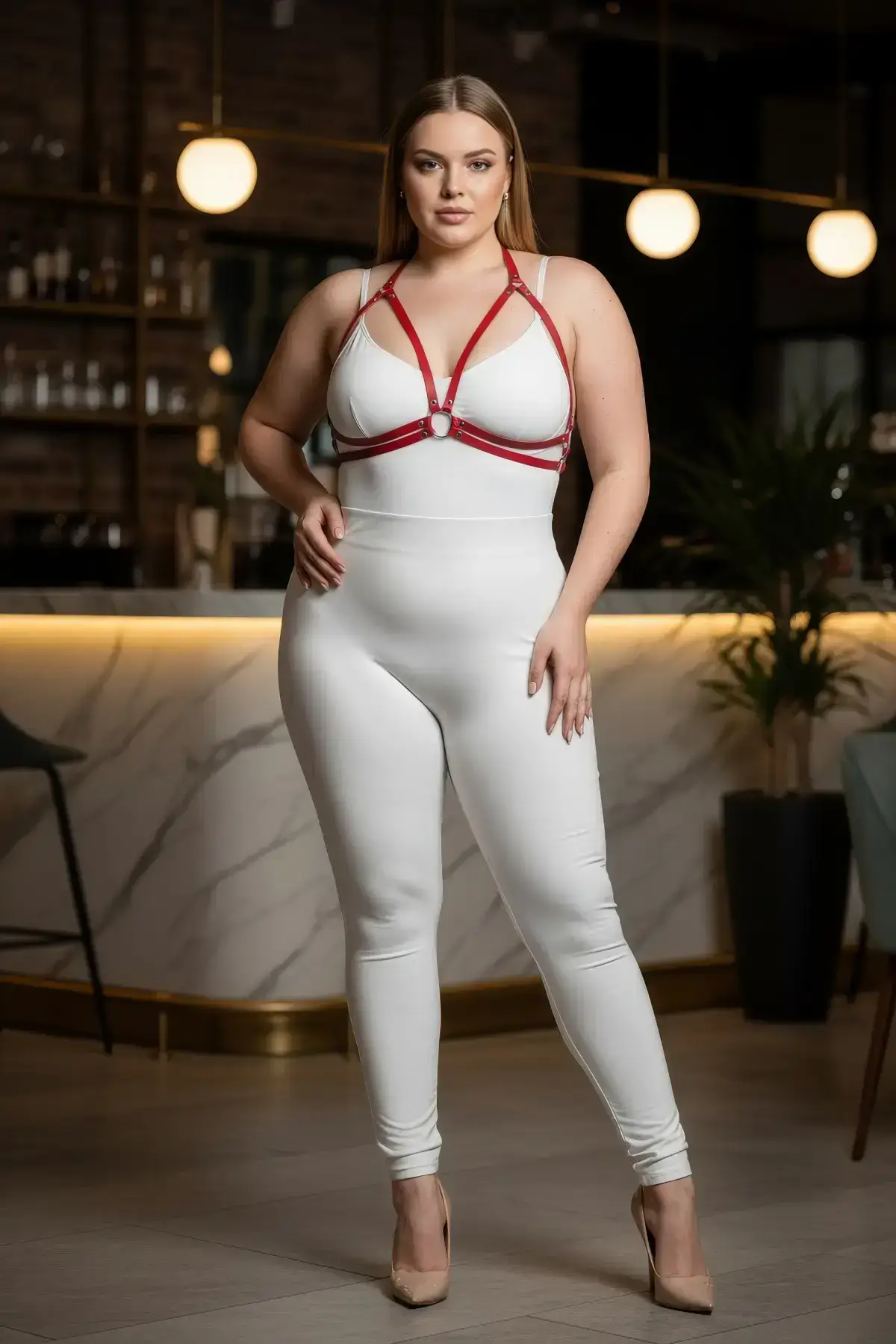 Plus Size Red Women's Harness Leather Ring Detail Fantasy Bra Accessory - SH200