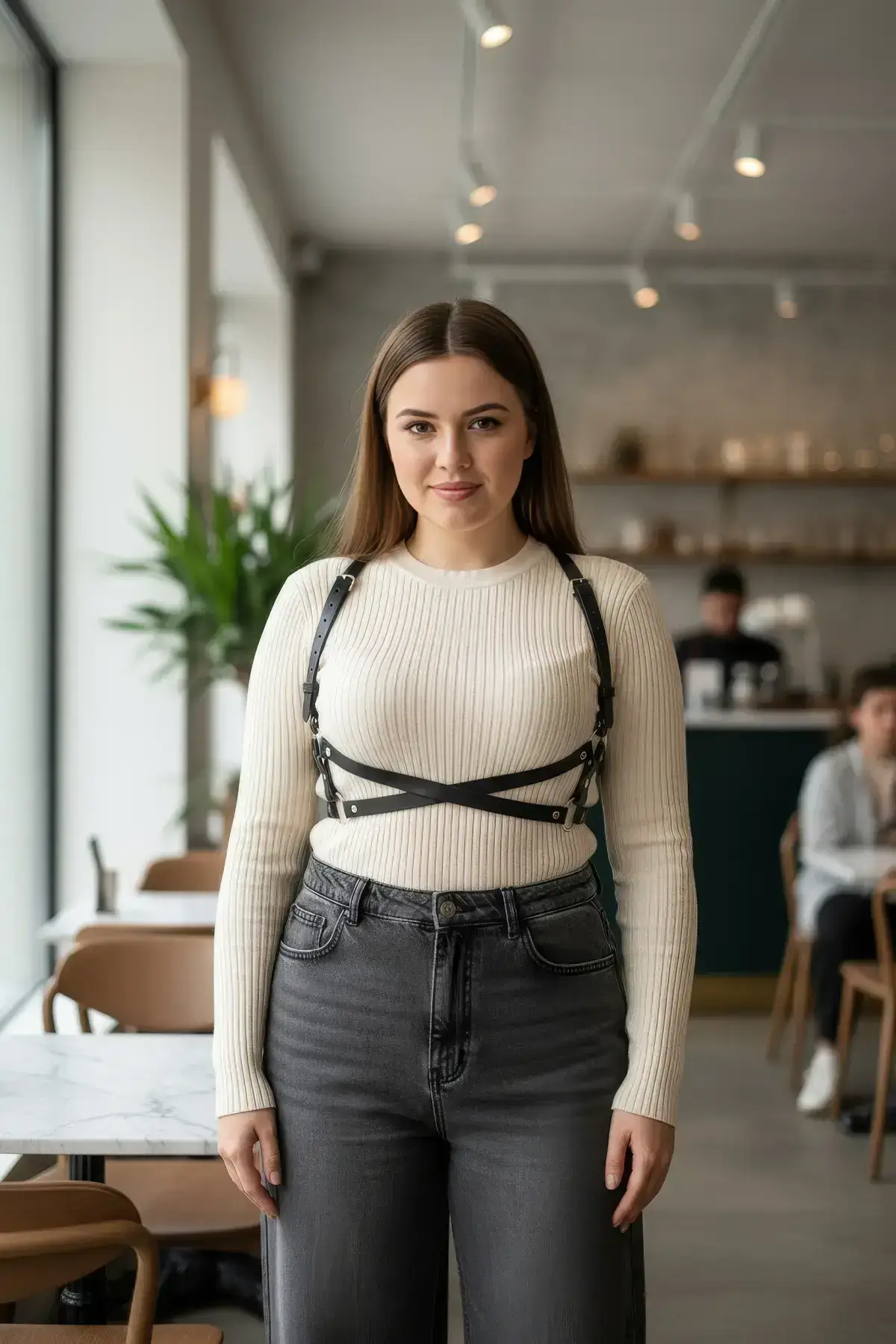 Plus Size Black Women's Leather Belt Harness Body Accessory with Cross Detail - SH204