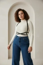 Plus Size Black Women's Leather Belt Harness Body Accessory with Cross Detail - SH204 - Image 2