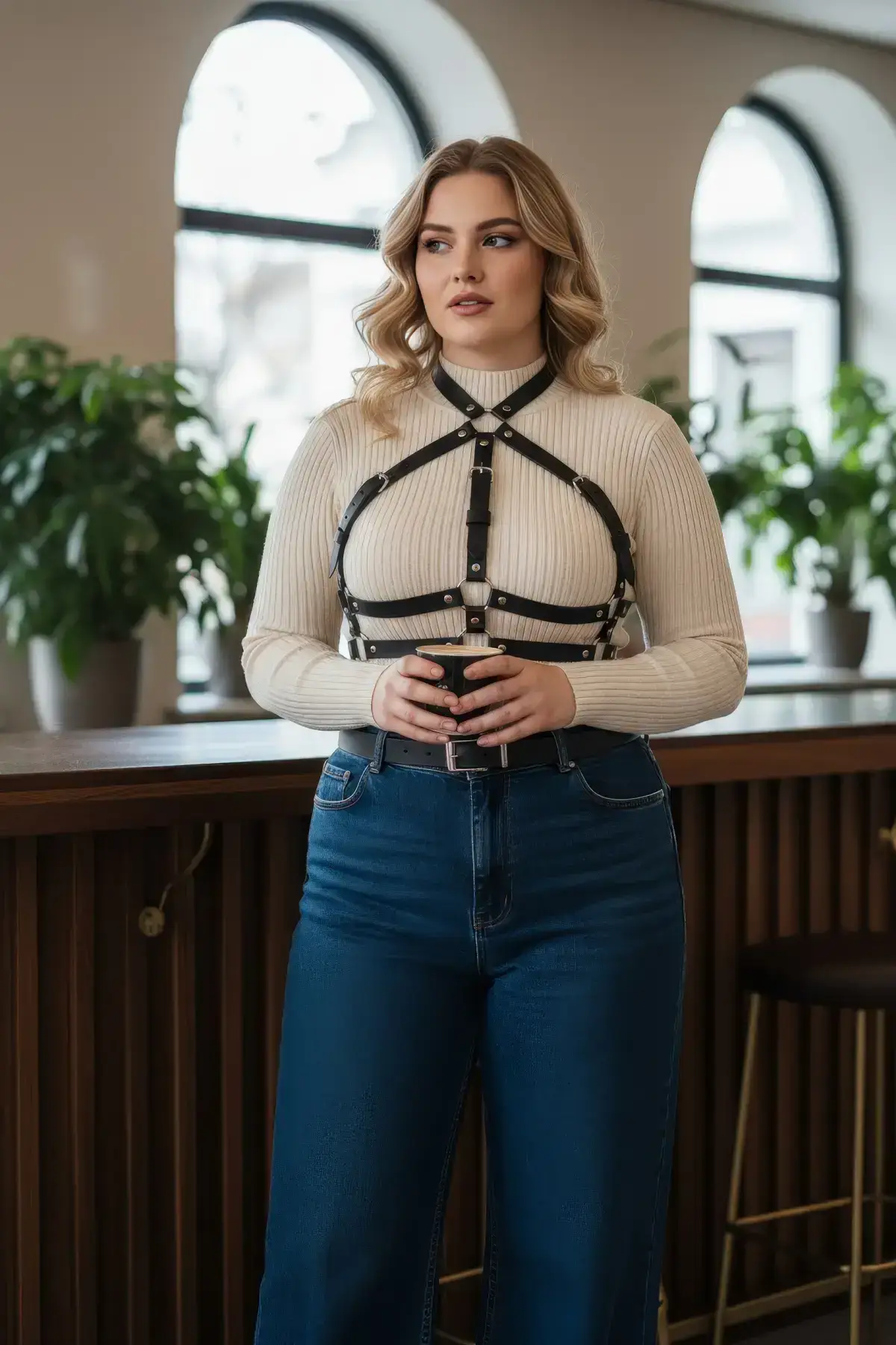 Plus Size Black Women's Adjustable Leather Harness Body Accessory - SH218