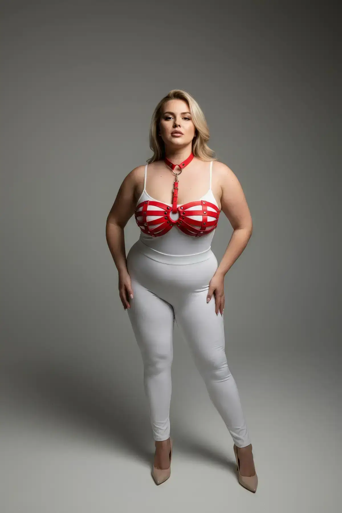 Plus Size Red Women's Leather Harness Set with Ring Detail, Sexy Body Accessory - SH224