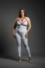 Plus Size Red Women's Leather Harness Set with Ring Detail, Stylish Body Accessory - SH244