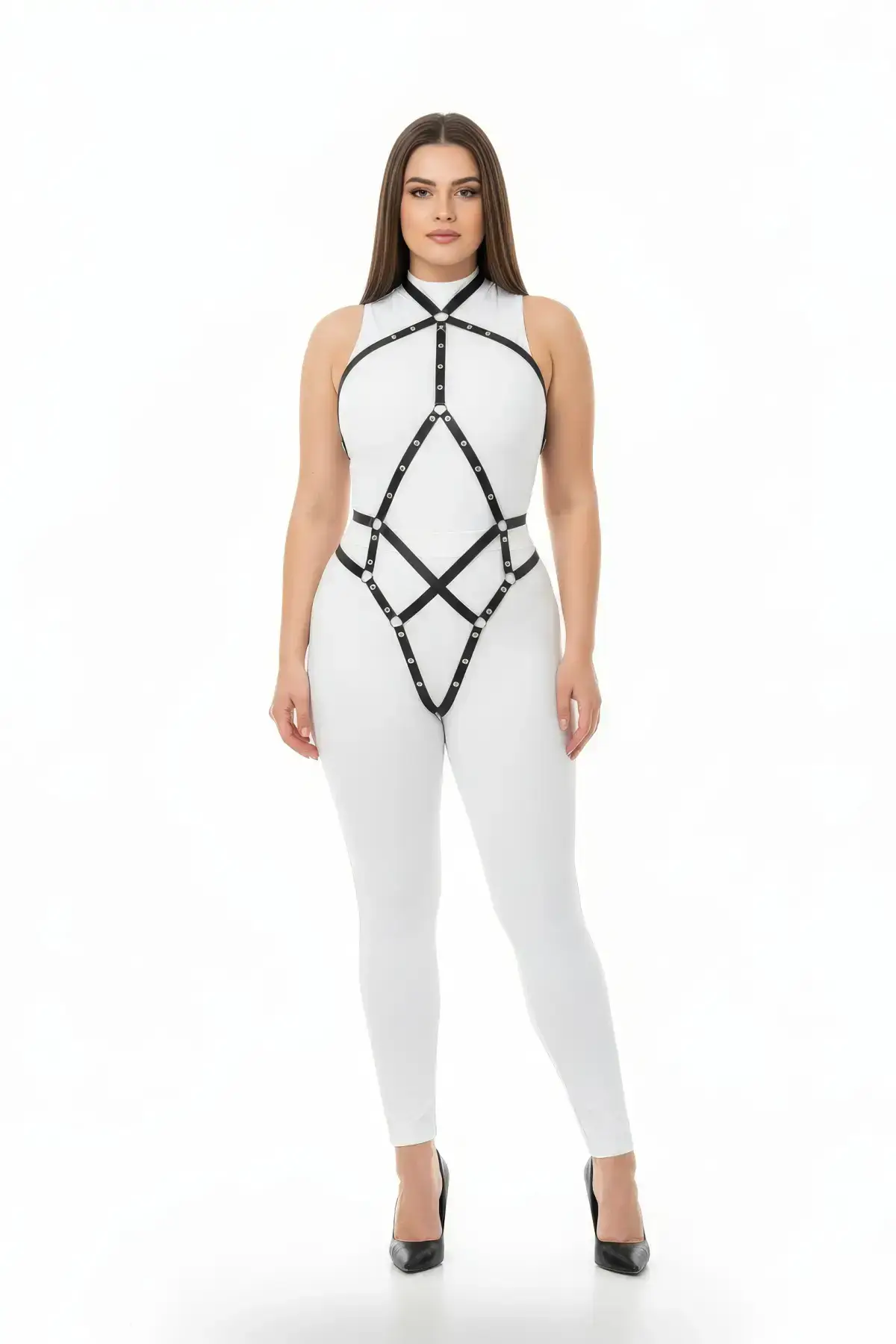 Siyah Deri Kuşgözü Detaylı Büyük Beden Body Harness Vücut Aksesuarı SH295