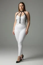 Plus Size Black Women's Leather Harness Set with Chain Detail Fancy Accessory - SH304