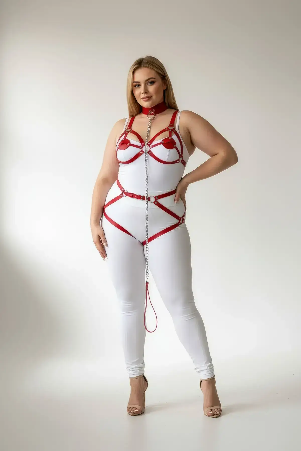 Plus Size Red Women's Garter Harness with Chain Detail, Leather Full Body Accessory - SH311