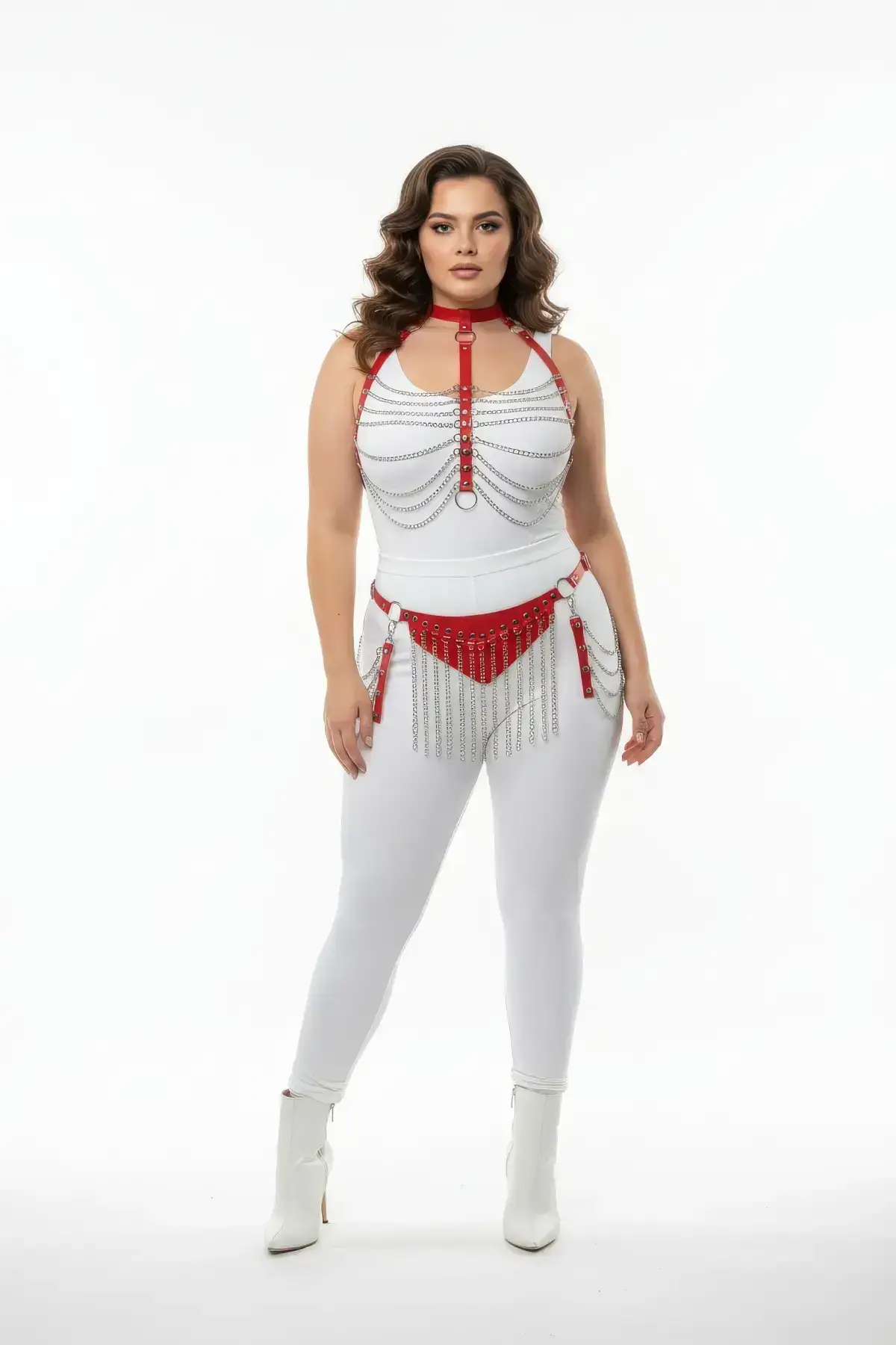 Plus Size Red Women's Leather Harness Set with Chain Detail Fantasy Accessory - SH328