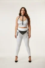 Plus Size Black Women's Harness Set with Chain and Tassel Details, Leather Fancy Accessory - SH328