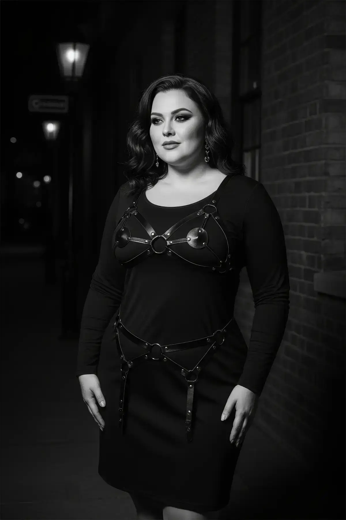 Plus Size Black Women's Leather Garter Harness with Ring Detail Outfit Complementary - SH336