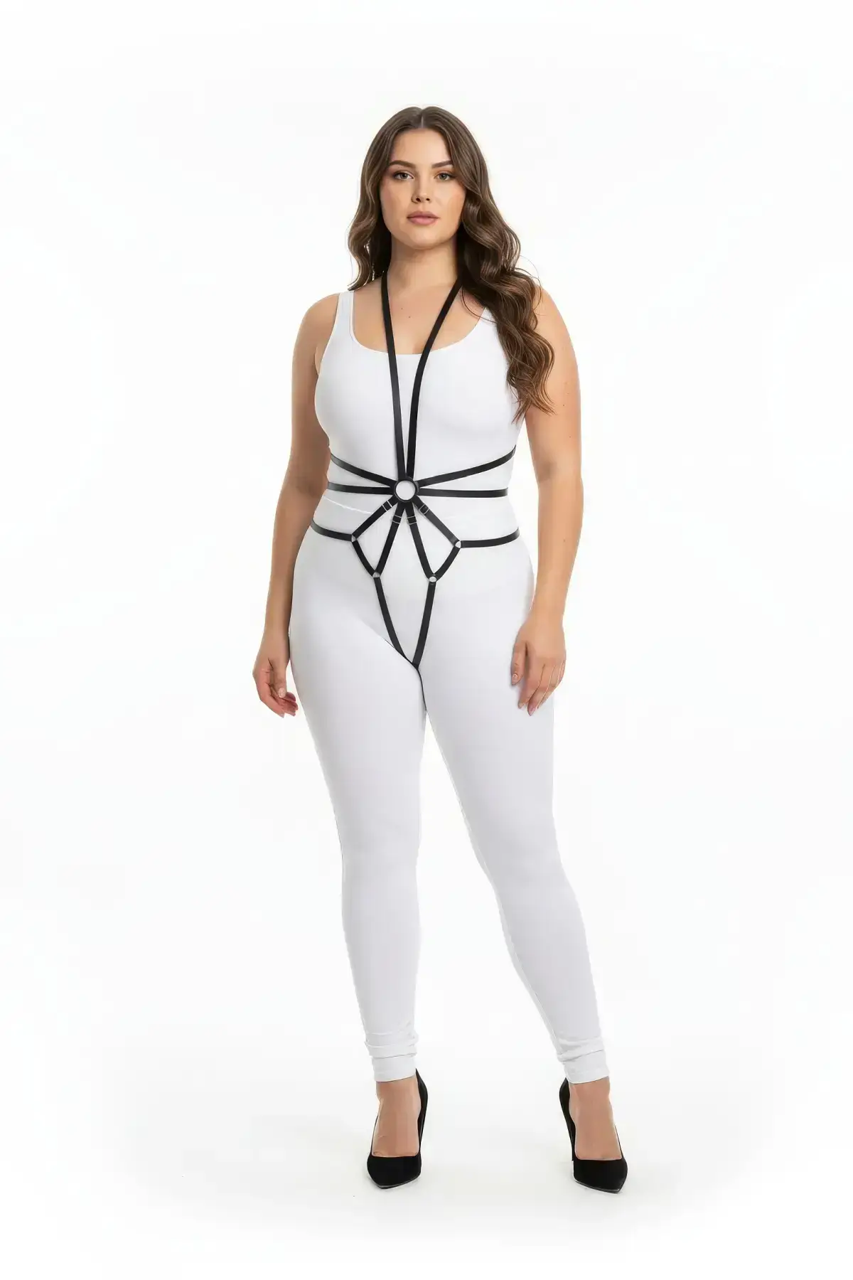 Büyük Beden Siyah Deri Halka Detaylı Vücut Harness SH339