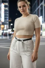 Plus Size Black Women's Leather Belt Chain Detail Dress Top - SH391 - Image 2