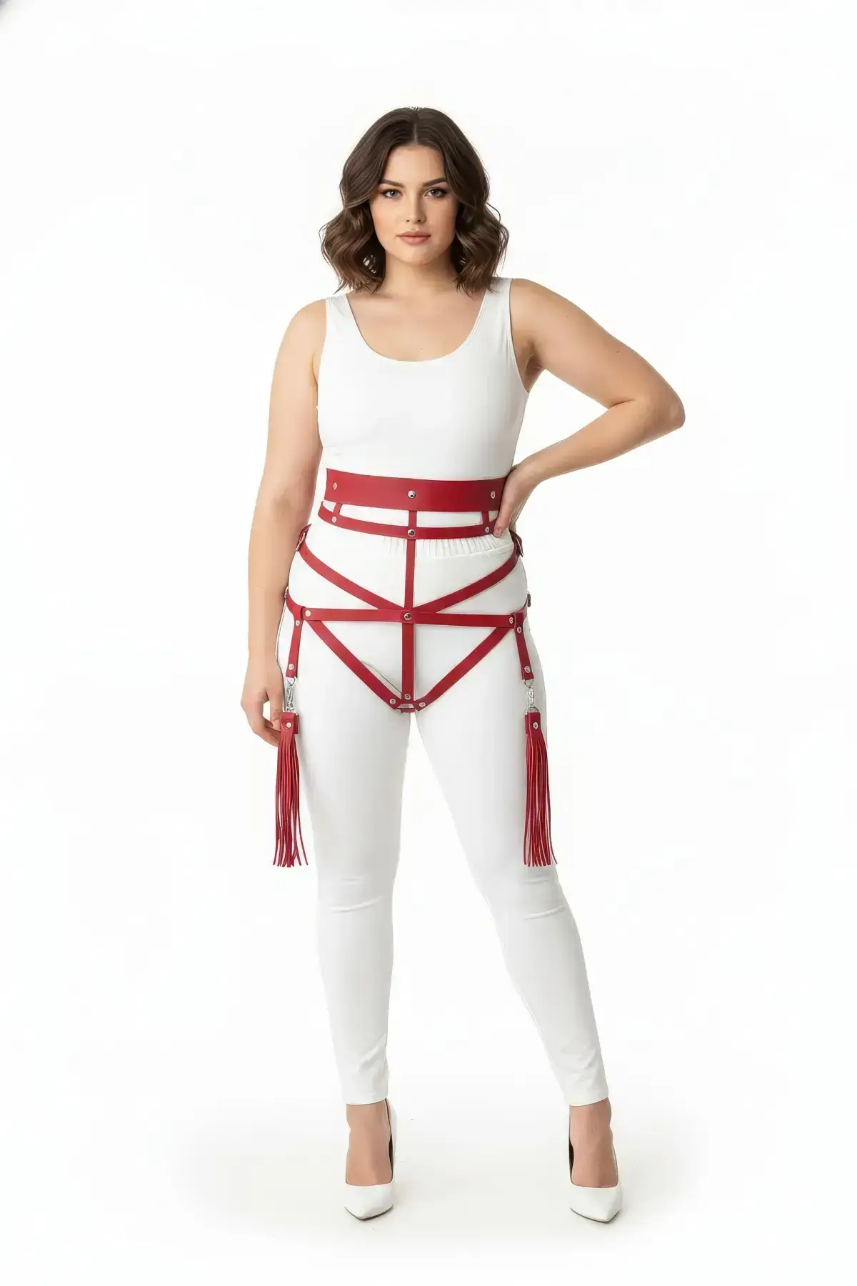 Plus Size Red Women's Harness Set with Tassel Detail Leather Body Accessory - SH397