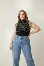 Plus Size Black Women's Leather Harness Body Accessory with Chain Detail - SH401 - Image 2