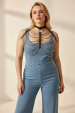 Plus Size Black Women's Leather Harness Body Accessory with Chain Detail - SH401 - Image 3