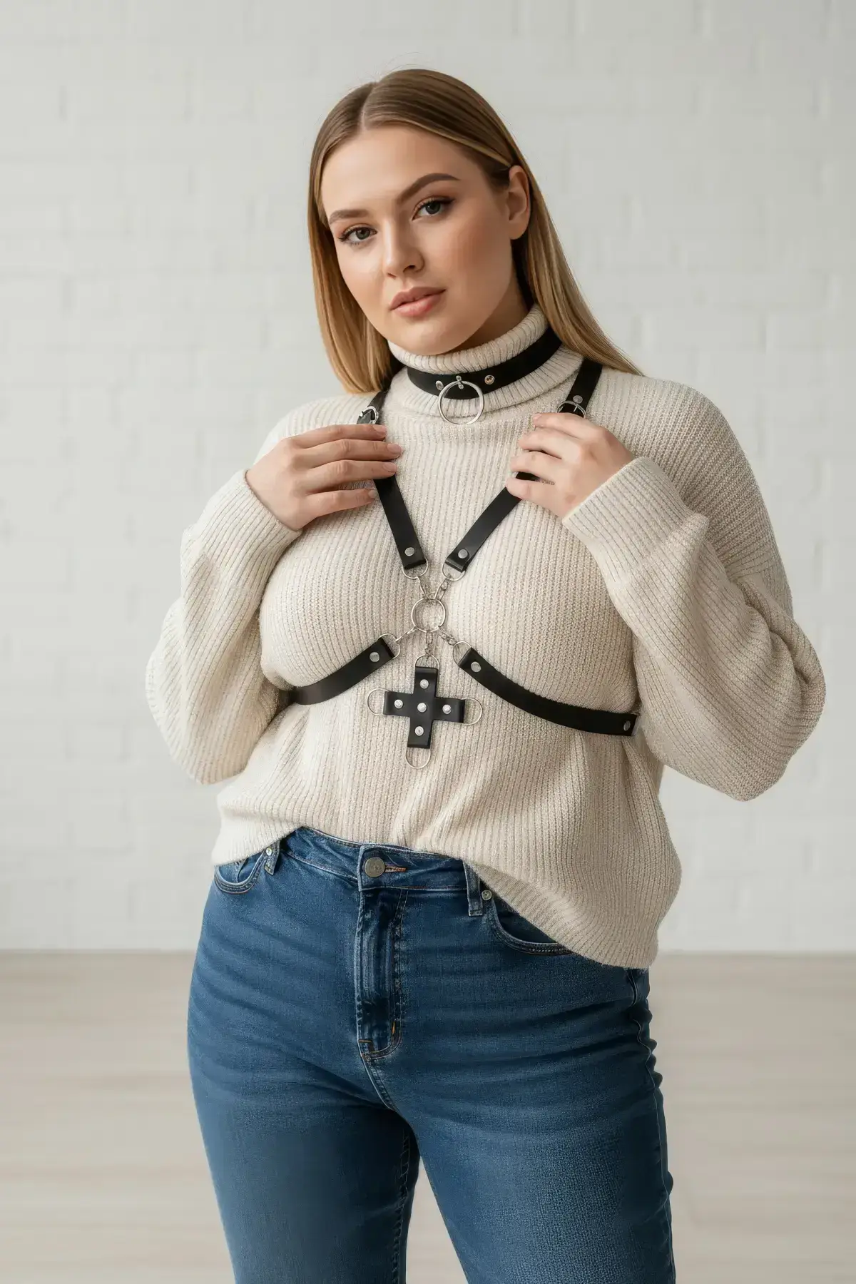 Plus Size Black Women's Belt Choker Collar Leather Harness with Cross Detail - SH404