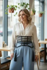 Plus Size Black Women's Corset Belt with Tassel and Chain Details, Leather - SH408