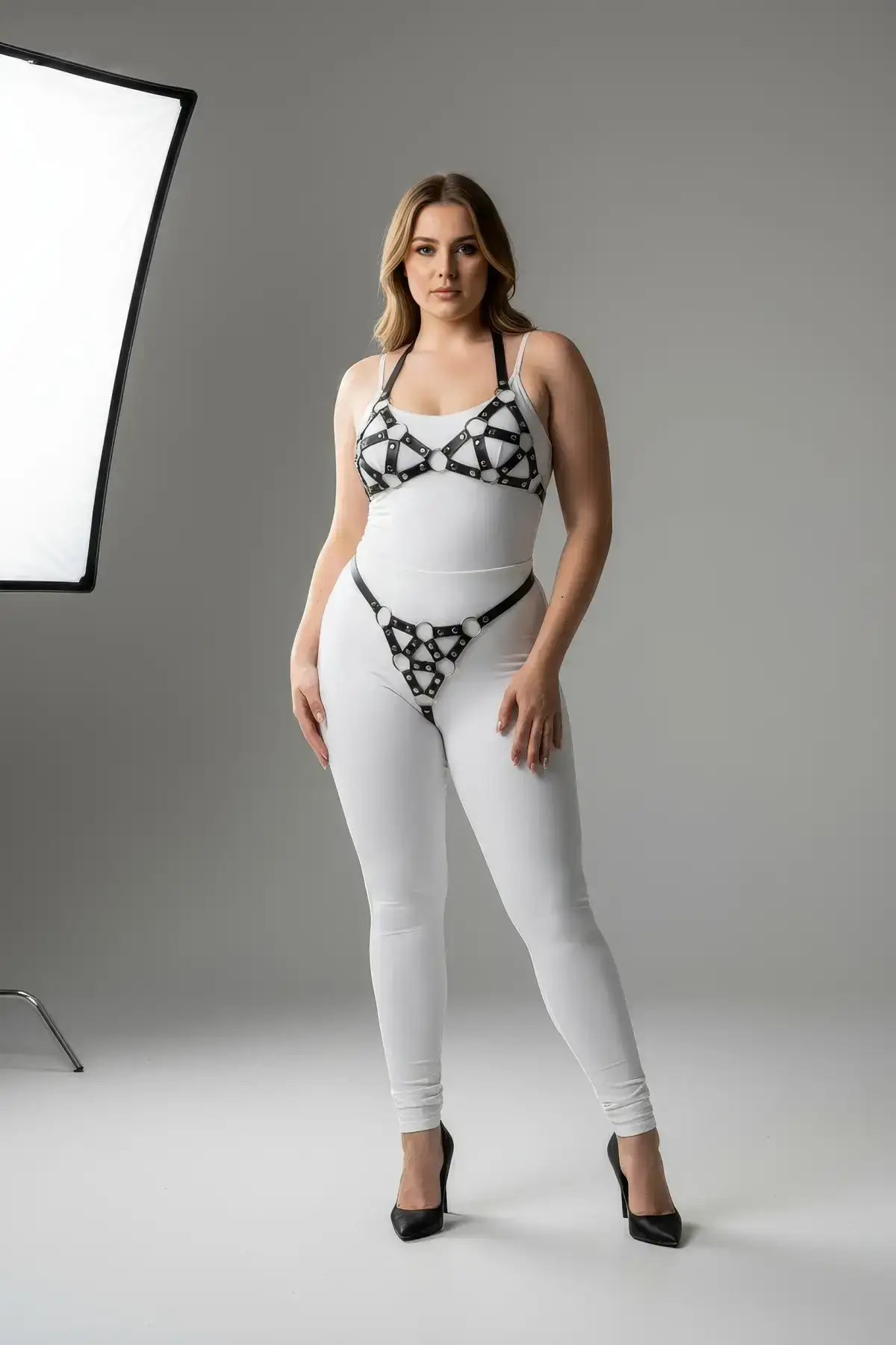 Plus Size Black Women's Harness Set with Ring Detail, Sexy Leather Fantasy Accessory - SH422