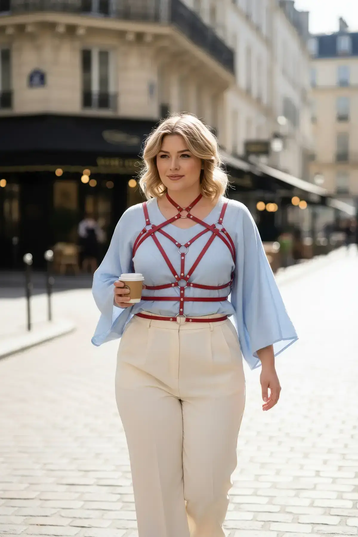 Plus Size Red Women's Leather Body Garter with Belt and Ring Detail - SH430