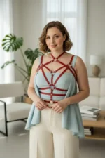 Plus Size Red Women's Leather Body Garter with Belt and Ring Detail - SH430 - Image 3