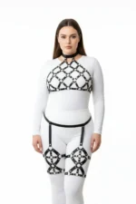 Plus Size Black Women's Leather Full Body Harness Set with Ring Detail and Garter Belt - SH460