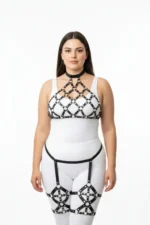 Plus Size Black Women's Leather Full Body Harness Set with Ring Detail and Garter Belt - SH460 - Image 2