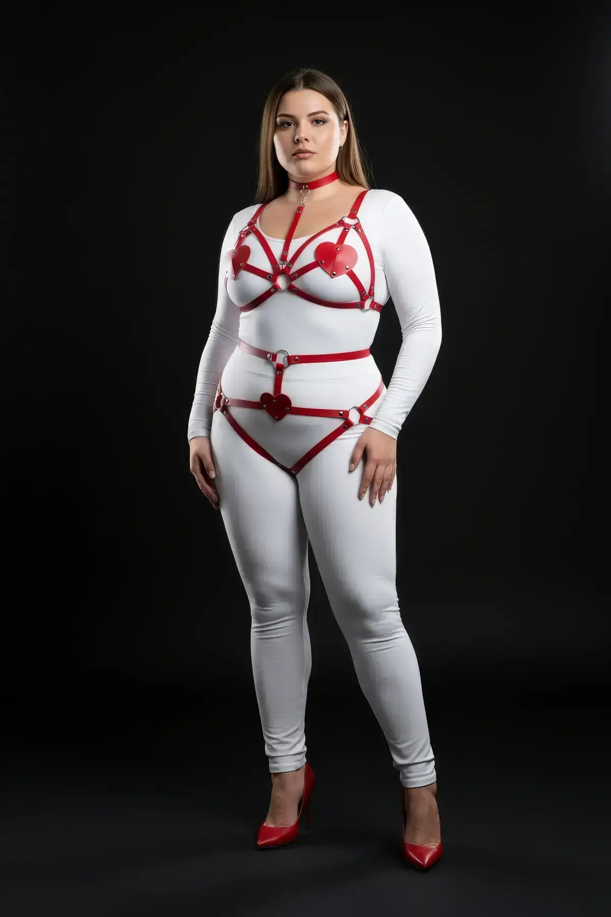 Plus Size Red Women's Harness Set with Heart Detail Fantasy Leather Body Accessory - SH467