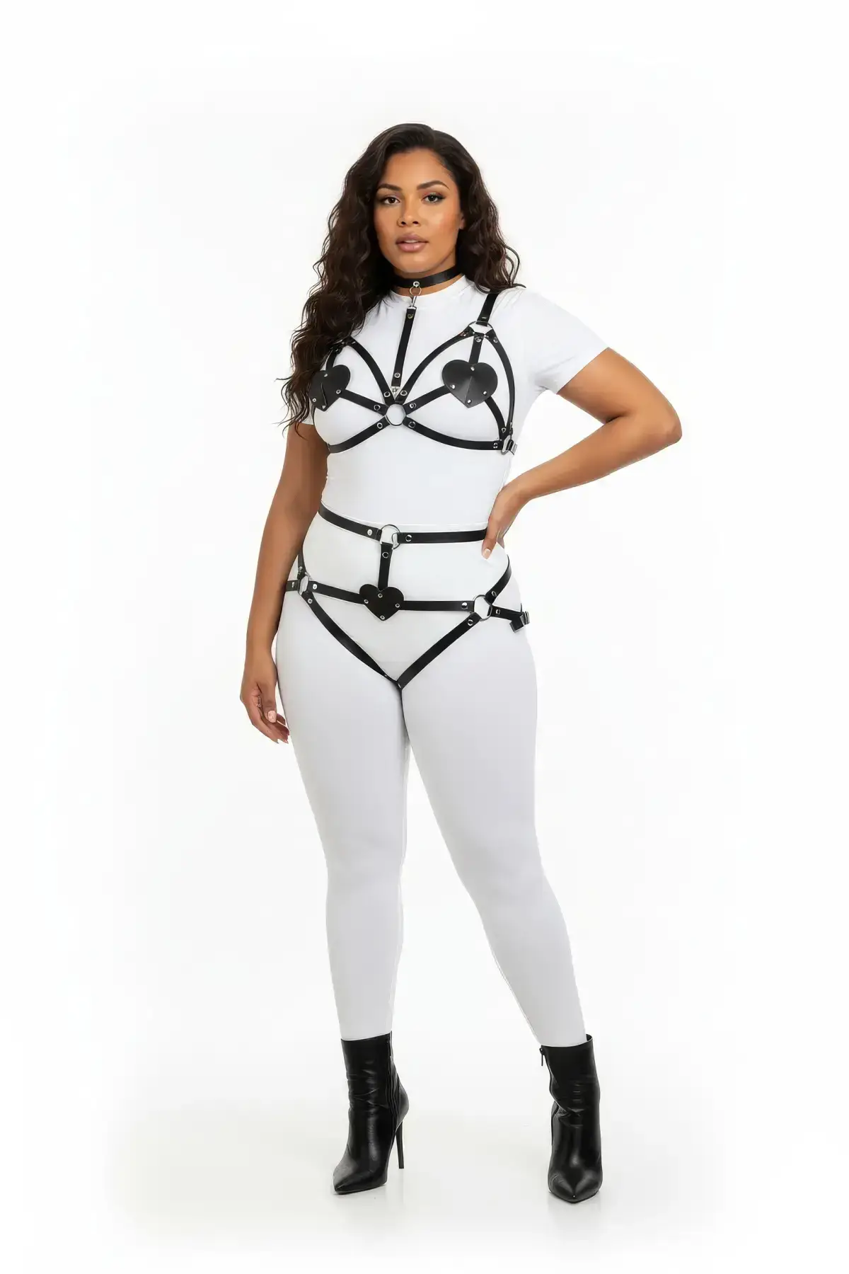 Plus Size Black Women's Leather Harness Set with Heart Detail Fantasy Accessory - SH467