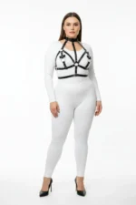 Plus Size Black Women's Leather Harness Set with Neckpiece and Ring Detail Fantasy Accessory - SH473