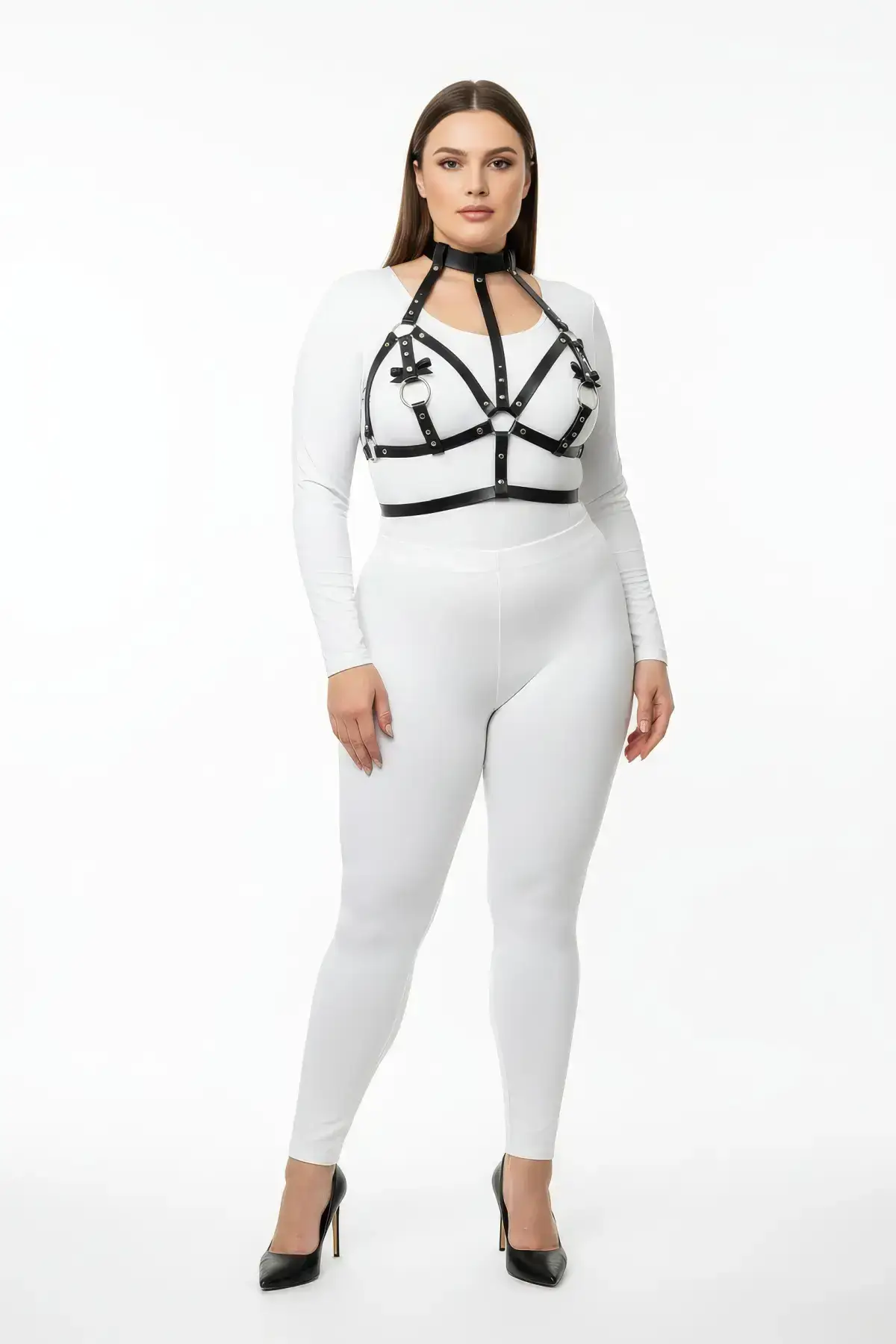 Plus Size Black Women's Leather Harness Set with Neckpiece and Ring Detail Fantasy Accessory - SH473