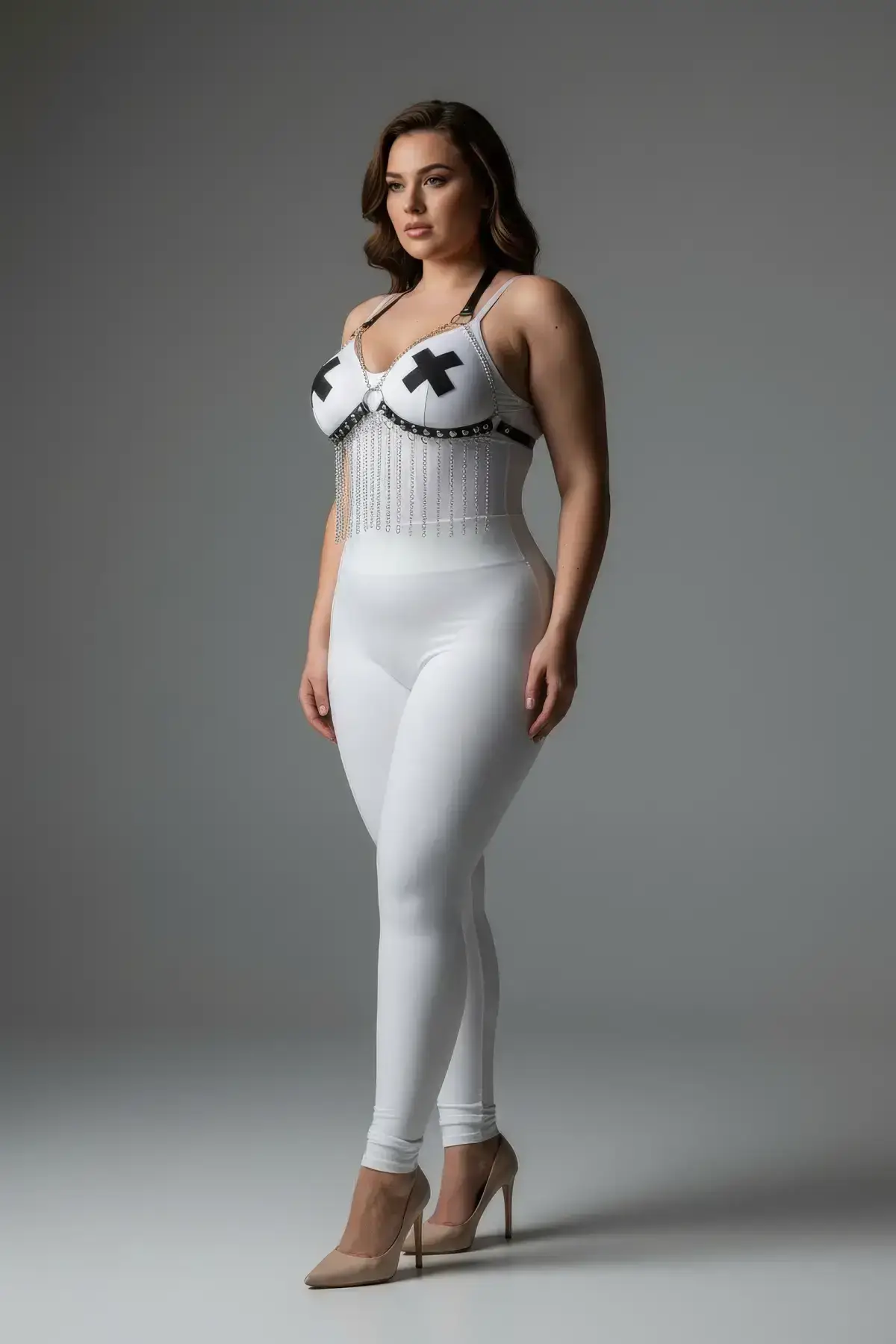 Plus Size White Women's Harness Set with Chain Detail Leather Fancy Accessory - SH477