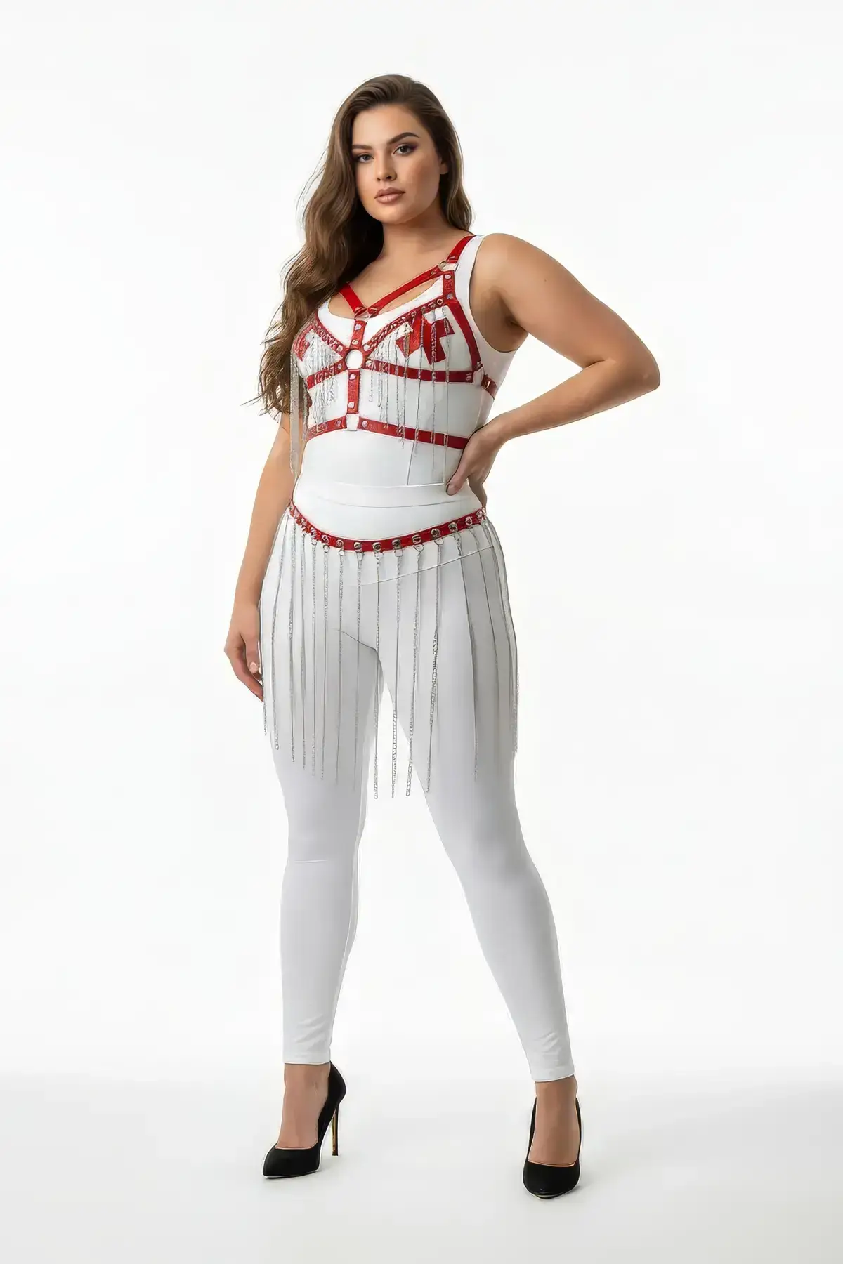 Zincir Detaylı Beyaz Deri Büyük Beden Etek SH496