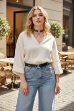 Plus Size Black Women's Belt with Chain Detail, Leather Look, Combination Accessory - SH506 - Image 2