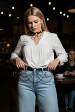 Plus Size Black Women's Belt with Chain Detail, Leather Look, Combination Accessory - SH506 - Image 4