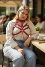 Plus Size Red Women's Belt, Harness Style Leather Body Accessory with Chest Detail - SH517 - Image 3