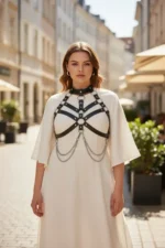 Plus Size Black Women's Leather Harness Body Accessory with Belt and Chain Detail - SH517