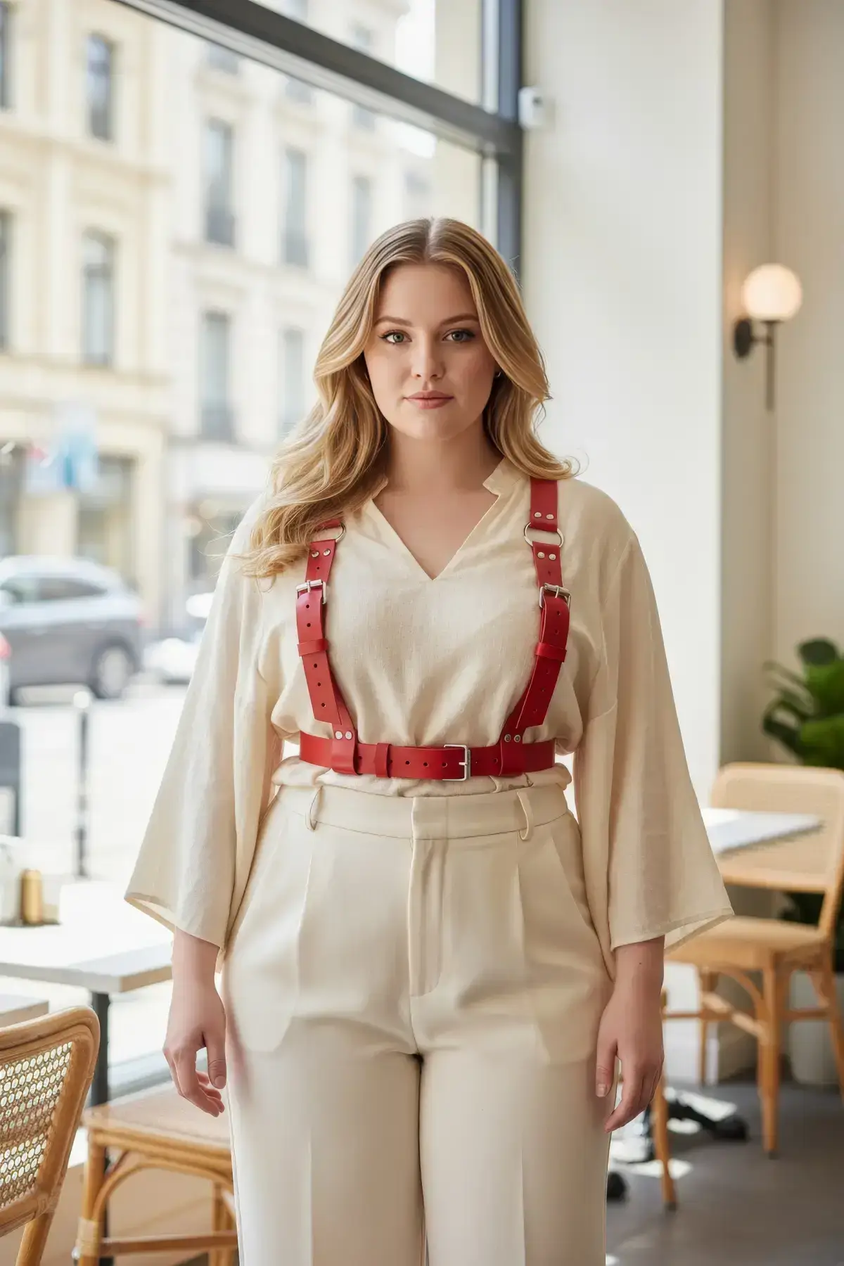 Plus Size Red Women's Belt, Thick Leather Harness Body Accessory - SH529