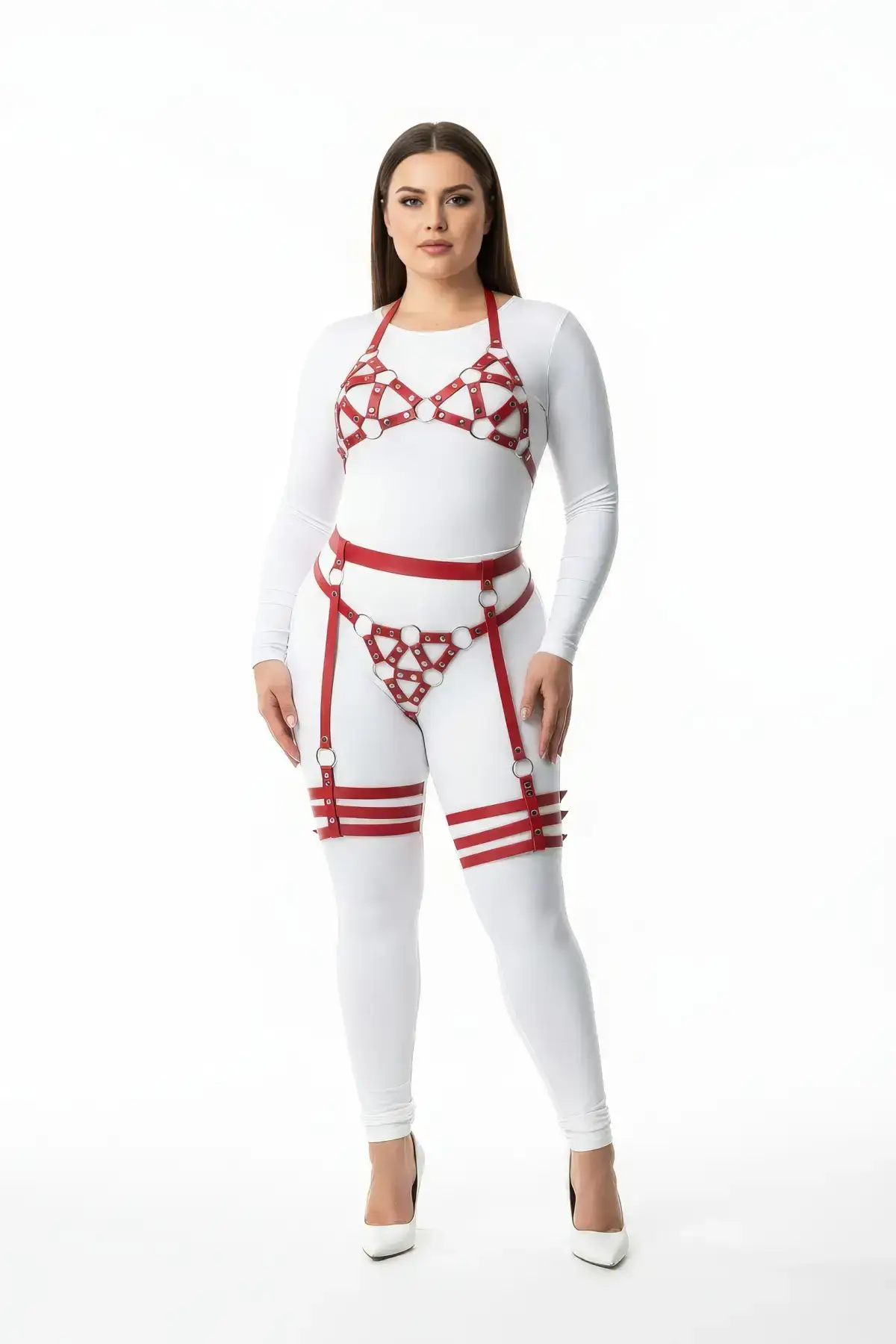 Plus Size Red Women's Leather Harness Set with Ring Detail and Garter, Fantasy Accessory - SH530