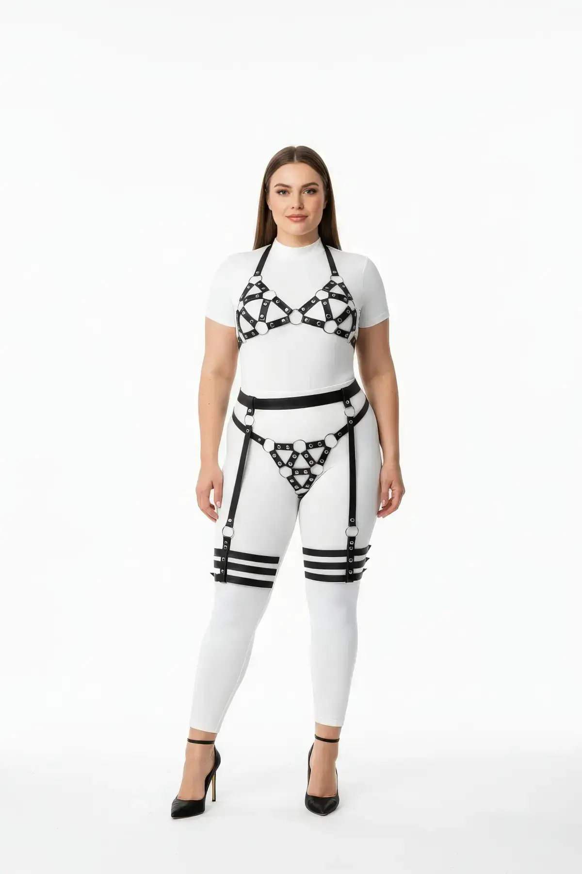 Plus Size Black Women's Leather-Look Harness Set with Garters