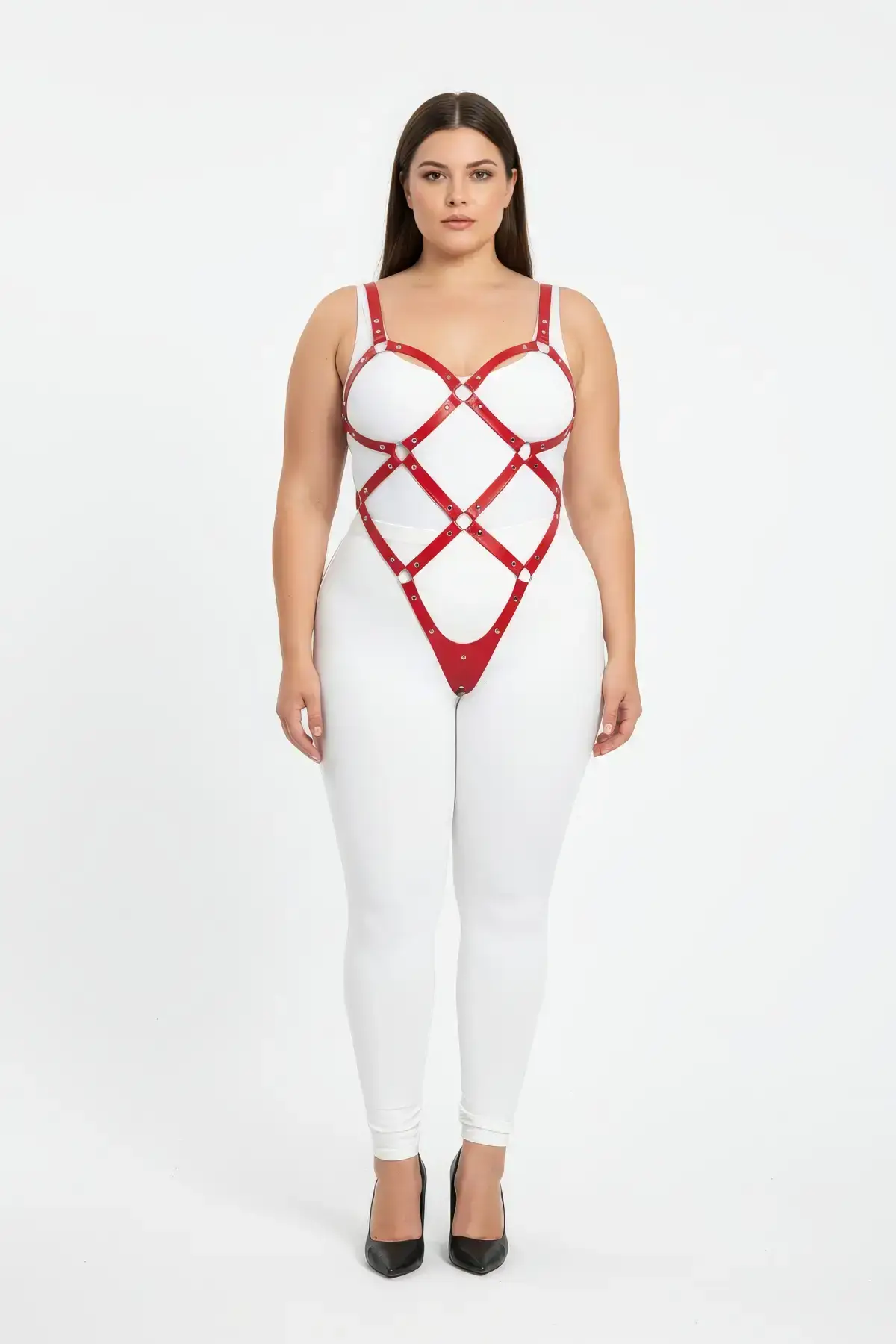 Kırmızı Deri Halka Detaylı Büyük Beden Body Harness SH542