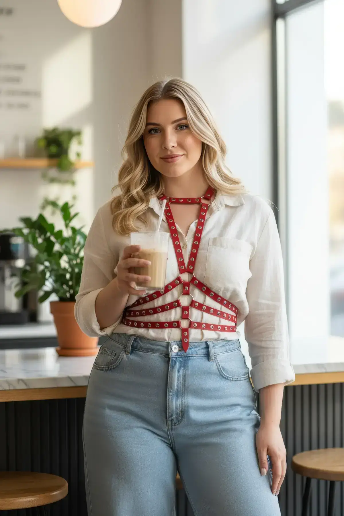 Plus Size Red Women's Belt Harness Style Leather Body Accessory with Metal Details - SH546