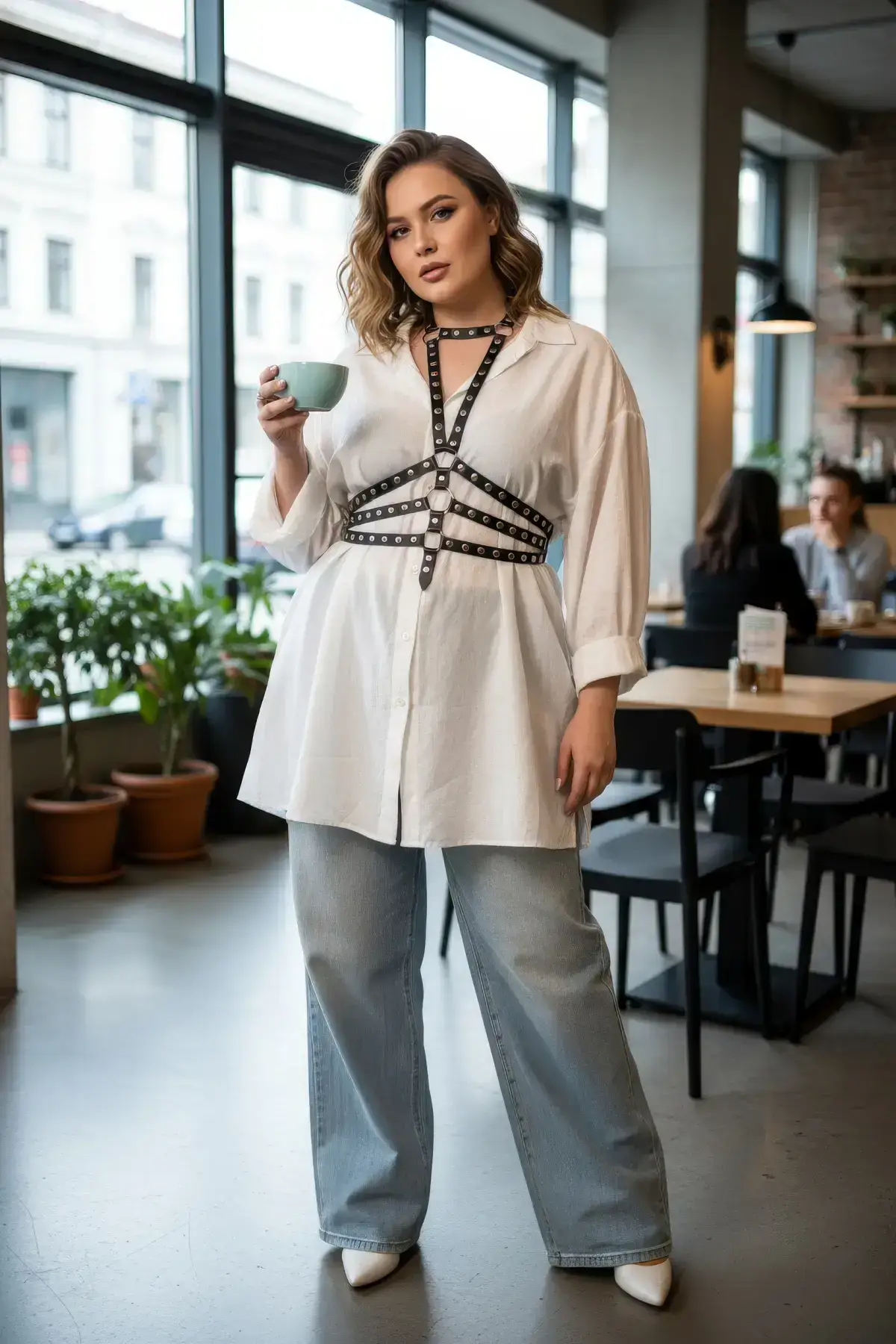 Plus Size Black Women's Belt, Riveted Leather Harness Body Accessory - SH546