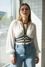 Plus Size Black Women's Belt, Riveted Leather Harness Body Accessory - SH546 - Image 2