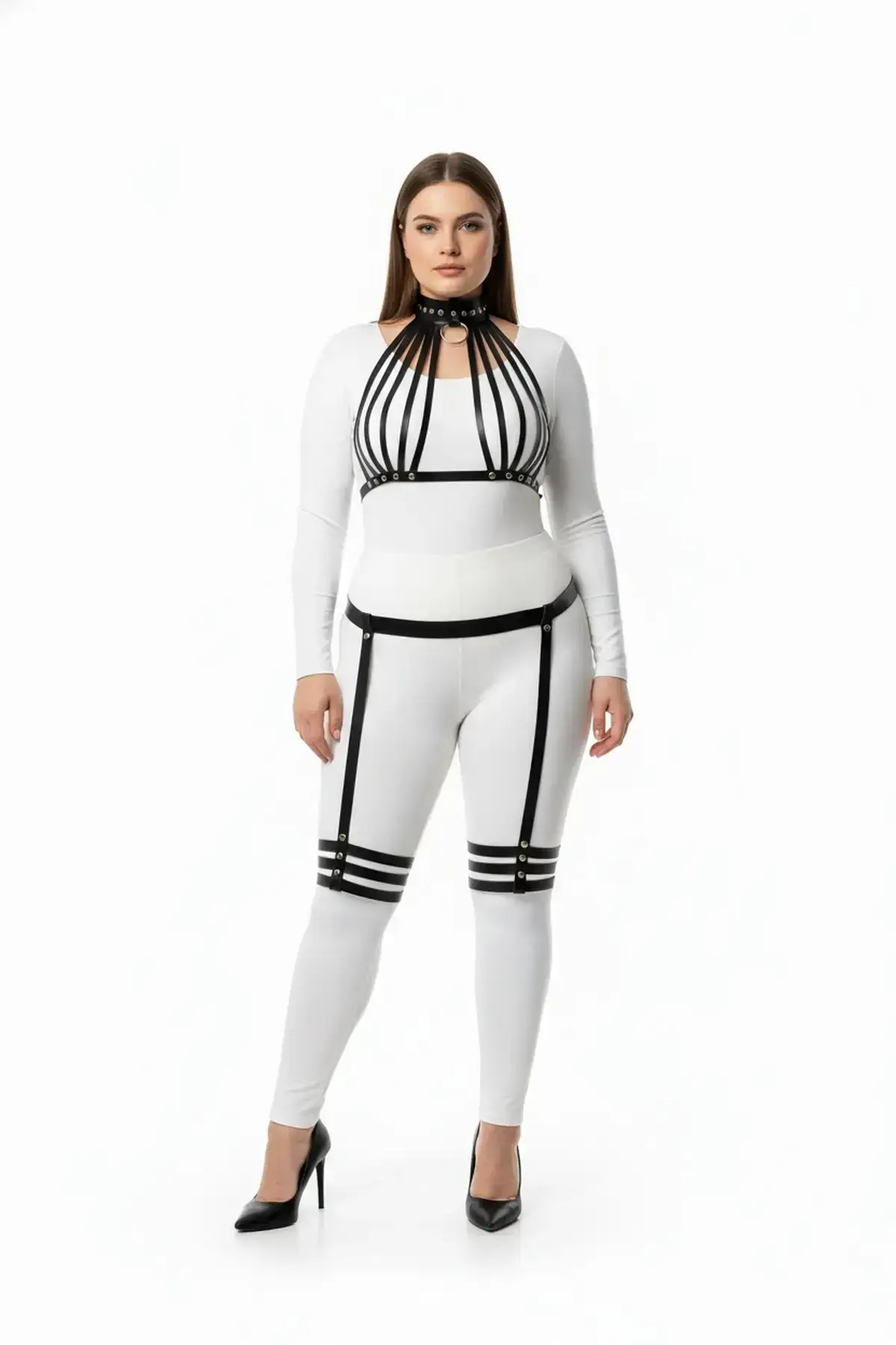 Plus Size Black Women's Leather Harness Set with Garter, Fantasy Body Accessory - SH552