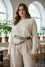 Plus Size Khaki Women's Belt with Chain Detail, Multiple Straps, Leather Look - SH586